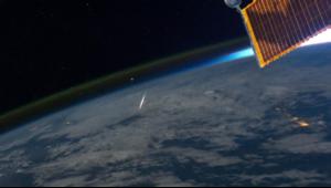 A bright  meteor from the Perseid meteor shower in Earth’s atmosphere
