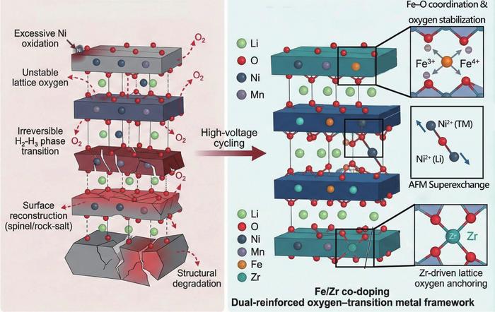 Fe/Zr codoping stabilizes cobalt-free Ni-rich cathodes under high-voltage cycling