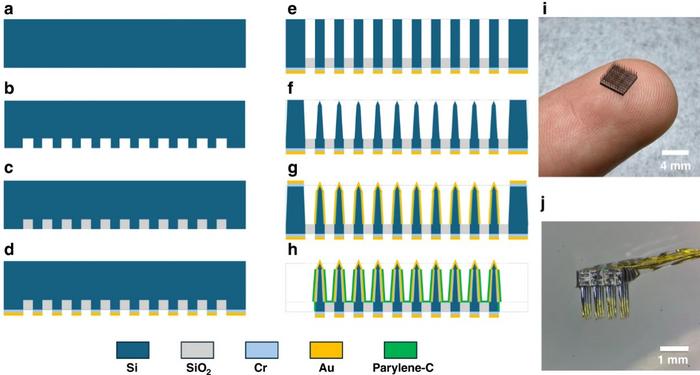 Fabrication process and actual image of the silicon-based neural microelectrode array.