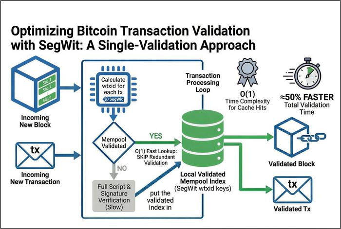 Architecture of the SegWit-based single-validation approach for Bitcoin. By utilizing wtxid indexing to bypass redundant signature verification, it reduces total verification time by approximately 50% while ensuring system security.