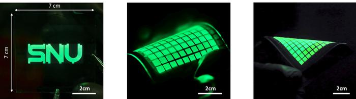 Figure 3. Patterned and arrayed perovskite light-emitting devices on a 7 × 7 cm large-area substrate