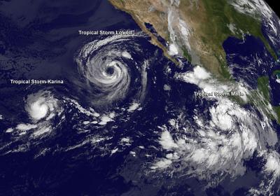 A Triple Tropical Tempest Train: Karina, Lowell, Marie