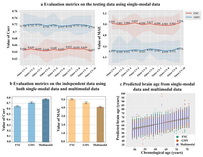 Fig. 2 | The performances of the age predictions using the single-modal and multimodal neuroimaging data.