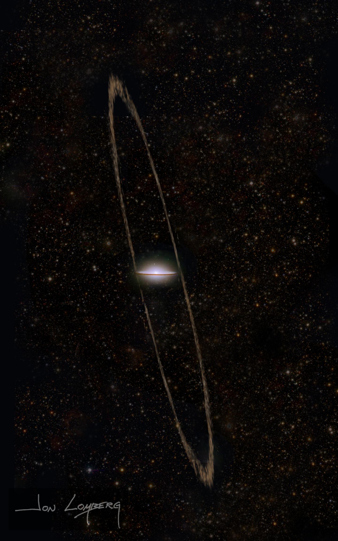 Artist's conception of the tidal stream of the Sombrero galaxy (M104)