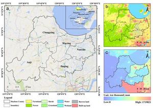 The location of Huzhou (a), the land use in 2022 (b) and GDP in 2020 (c).
