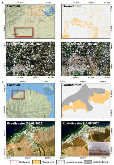 Spatial distribution of the 2 large-scale disaster events in 2023 along with true-color images and ground truth of disaster-affected areas.