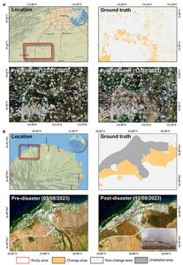 Spatial distribution of the 2 large-scale disaster events in 2023 along with true-color images and ground truth of disaster-affected areas.