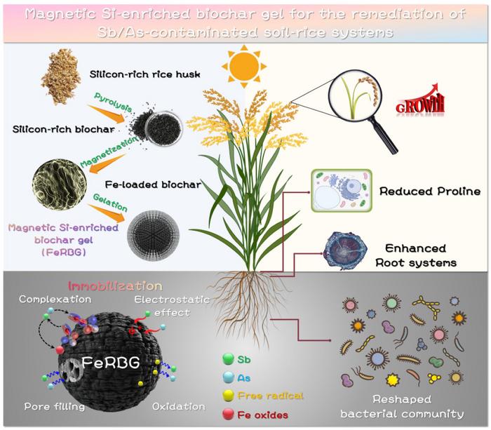Magnetic silicon-enriched biochar for effectively mitigating As and Sb in soil-rice continuum: from integrated geochemical, microbial, and phytophysiological insights