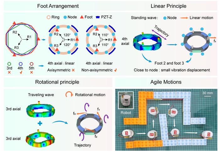 Fig. 1. The foot arrangement, principles, and motion display of robot.