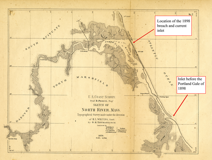 The Portland Gale of 1898 moved the inlet of the North-South Rivers Estuary approximately three-and-a-half miles northwest of its previous location.