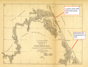 The Portland Gale of 1898 moved the inlet of the North-South Rivers Estuary approximately three-and-a-half miles northwest of its previous location.
