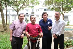 NTU Assoc Prof Ang Wei Tech; Mr Leow Cher Hwa, senior participant and stroke survivor who tested DRBA; Ms Karen Wee, Chief Executive Officer, Lions Befrienders; and Mr Koon Kok Kwong, CTO, Smart Urban Co-Innovation Lab