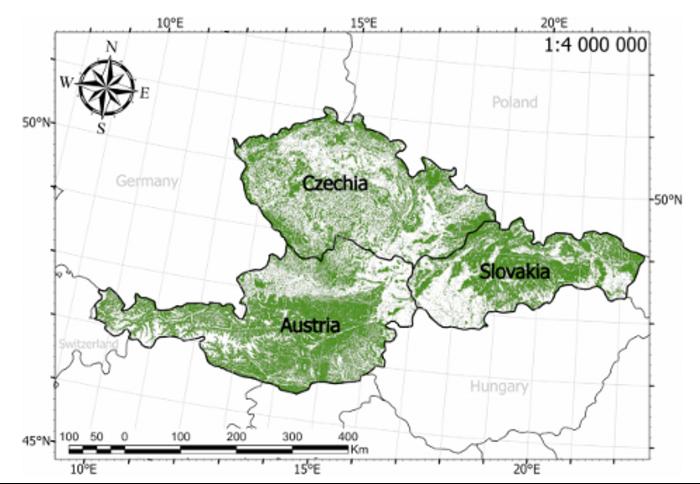 Mapped Forest Coverage in Key Bark Beetle Study Zones of Central Europe