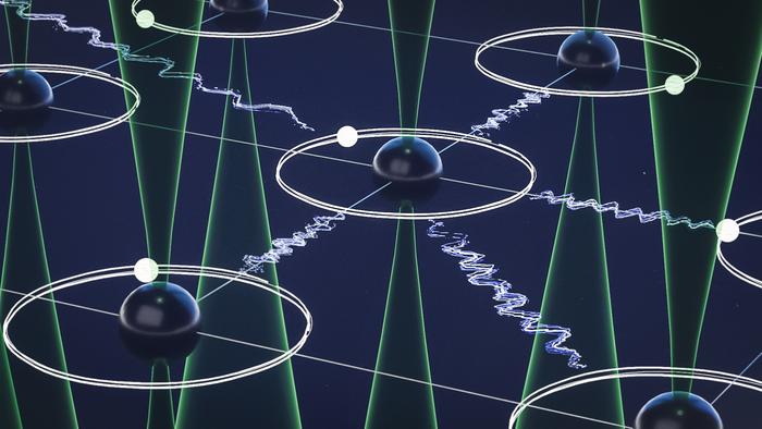 Artistic depiction of circular Rydberg atoms: Using optical tweezers (shown in green), the Rydberg atoms can be precisely trapped and arranged into controlled atom arrays.