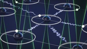 Artistic depiction of circular Rydberg atoms: Using optical tweezers (shown in green), the Rydberg atoms can be precisely trapped and arranged into controlled atom arrays.