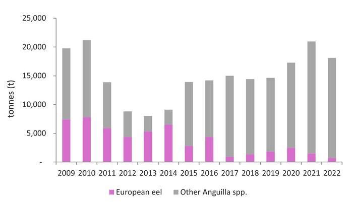 Figure 4. Prepared eel imports into Japan from 2009 to 2022, reported in t .