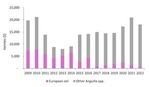 Figure 4. Prepared eel imports into Japan from 2009 to 2022, reported in t .