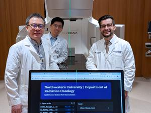 Study authors Drs. Mohamed Abazeed (right), Yirong Liu and Troy Teo (left) demonstrates a prototype AI tool that summarizes cancer pathology reports, shown here in a radiation oncology setting.