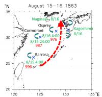 Estimated TC track during 15-16 August 1863