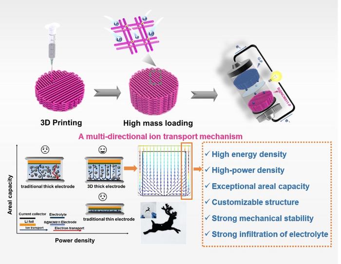 Schematic illustration of 3D-printed thick lithium cathode with anisotropic ion transport mechanism