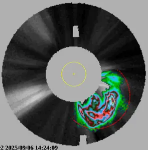 A coronagraph image with a large solar storm detected and tracked by the software in colour