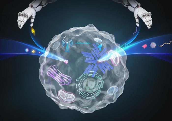 Schematic illustration of the “double-necked synthetic cell microreactor.” Two dynamically interacting DNA nanopores regulate molecular transport and confined biochemical reactions inside an artificial membrane compartment.