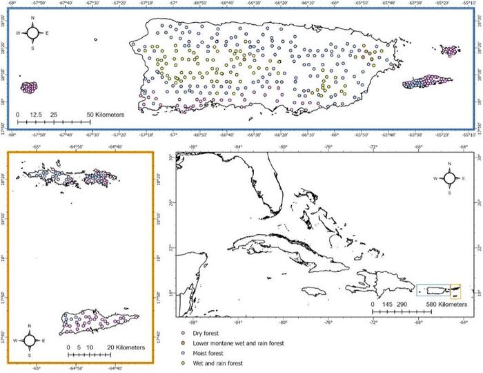 Map of the Puerto Rico (blue box) and U.S. Virgin Islands (orange box) archipelagos.