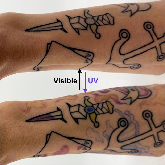 Arm tattoo with and without light
