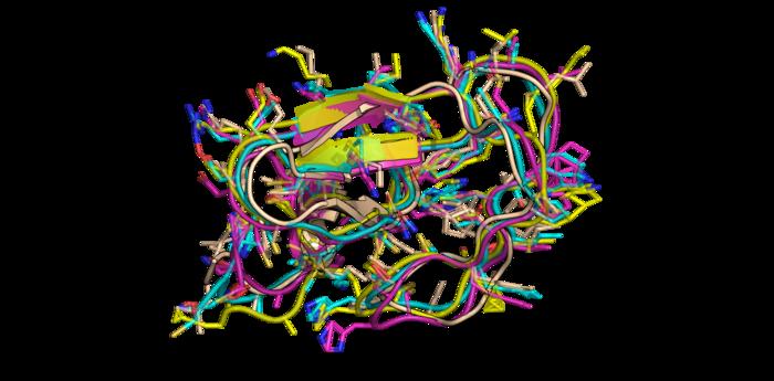 A simulated protein backbone (yellow) augmented with AI-generated snapshots.