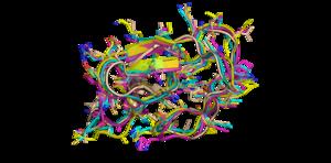 A simulated protein backbone (yellow) augmented with AI-generated snapshots.