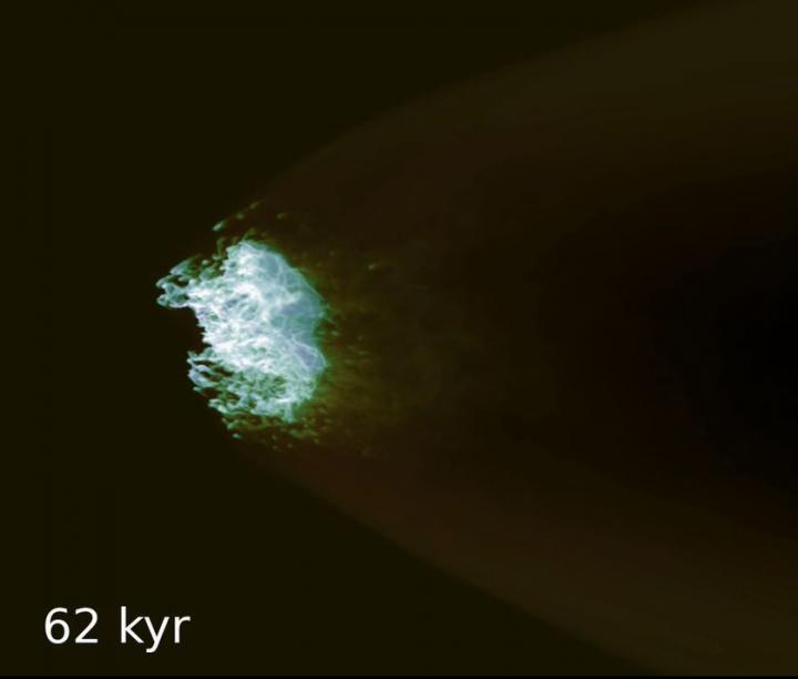 A Density Projection of a Cool Cloud Getting Destroyed as It Is Exposed to An Outflow's Hot Wind