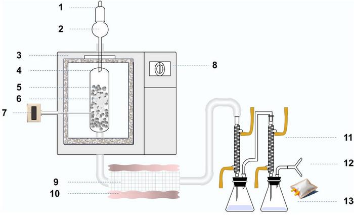 Schematic of the catalytic pyrolysis system and product collection setup.
