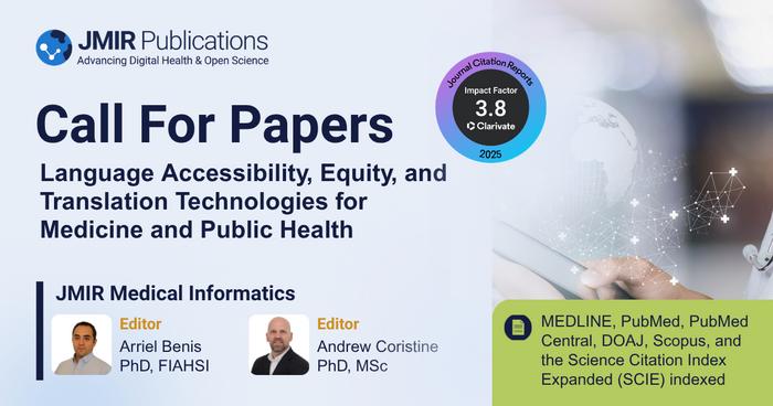 JMIR Medical Informatics Invites Submissions on Language Accessibility, Equity, and Translation Technologies for Medicine and Public Health
