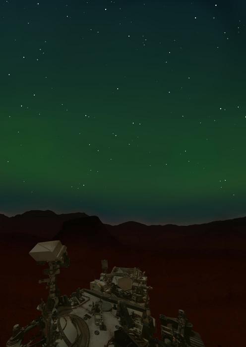An artist’s impression of how the aurora might appear in the sky above the Perseverance rover.