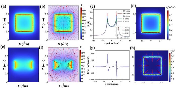 Simulation results of the surface magnetic field, magnetic lines, and magnetic gradient of the NdFeB magnetic sheet