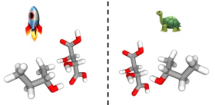 Chiral separation in a centrifuge: two enantiomers of 2-butanol interact differently with a chiral solvent component L-tartaric acid. One enantiomer binds to dynamic aggregates of tartaric acid formed by centrifugation and is accelerated by the centrifuga