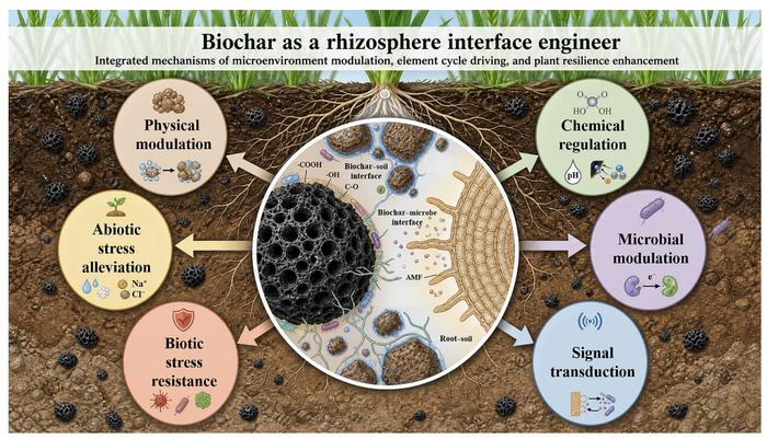 Biochar as a rhizosphere interface engineer: integrated regulation of microenvironments, biogeochemical cycling, and plant resilience