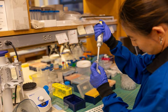 Seung-Hyun (Bri) Ko, Ph.D. student co-advised by Jina Ko and Ravi Radhakrishnan, aliquoting isolated extracellular vesicles (EVs) from a triple-negative breast cancer cell line.