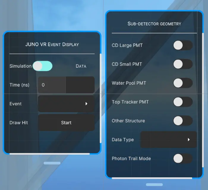The Spatial UI in JUNO VR. On the left is the JUNO VR event display control panel, and on the right is the sub-detector geometry control panel.