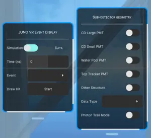 The Spatial UI in JUNO VR. On the left is the JUNO VR event display control panel, and on the right is the sub-detector geometry control panel.