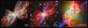 Butterfly Nebula NGC 6302 (Hubble and Webb + ALMA images, side by side)