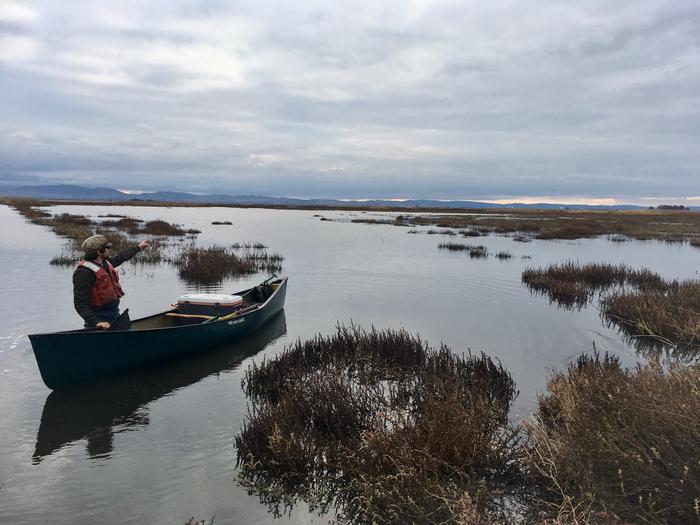 Kyle Phillips in boat, Suisun Marsh