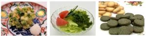 Tempura, salad and cookie samples made using liverwort (photo provided by Ishizaki)
