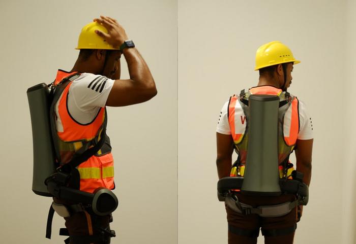 A newer model of the exoskeleton suit developed in 2024.