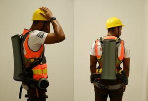 A newer model of the exoskeleton suit developed in 2024.