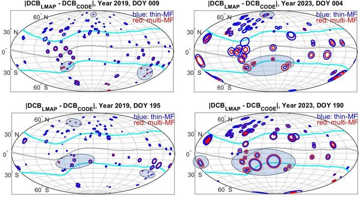 Global distribution of receiver DCB differences (absolute values) between CODE and our computation on 9th Jan & 14th July 2019 (left panel) and 4th Jan &10th Jul 2023 (right panel).