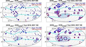 Global distribution of receiver DCB differences (absolute values) between CODE and our computation on 9th Jan & 14th July 2019 (left panel) and 4th Jan &10th Jul 2023 (right panel).