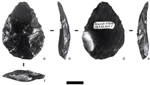 Obsidian convergent scraper. Ararat-1 cave. 2019