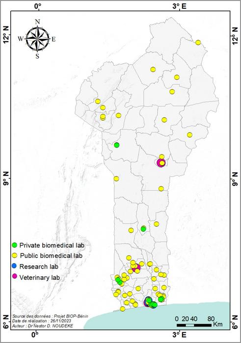 Fig. 1. Location of laboratories surveyed in Benin, 2023.