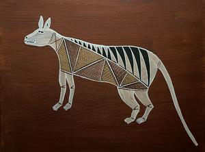 A thylacine painting on canvas made in 2017 by Kunwinjku artist Nicodemus Nayilibidj